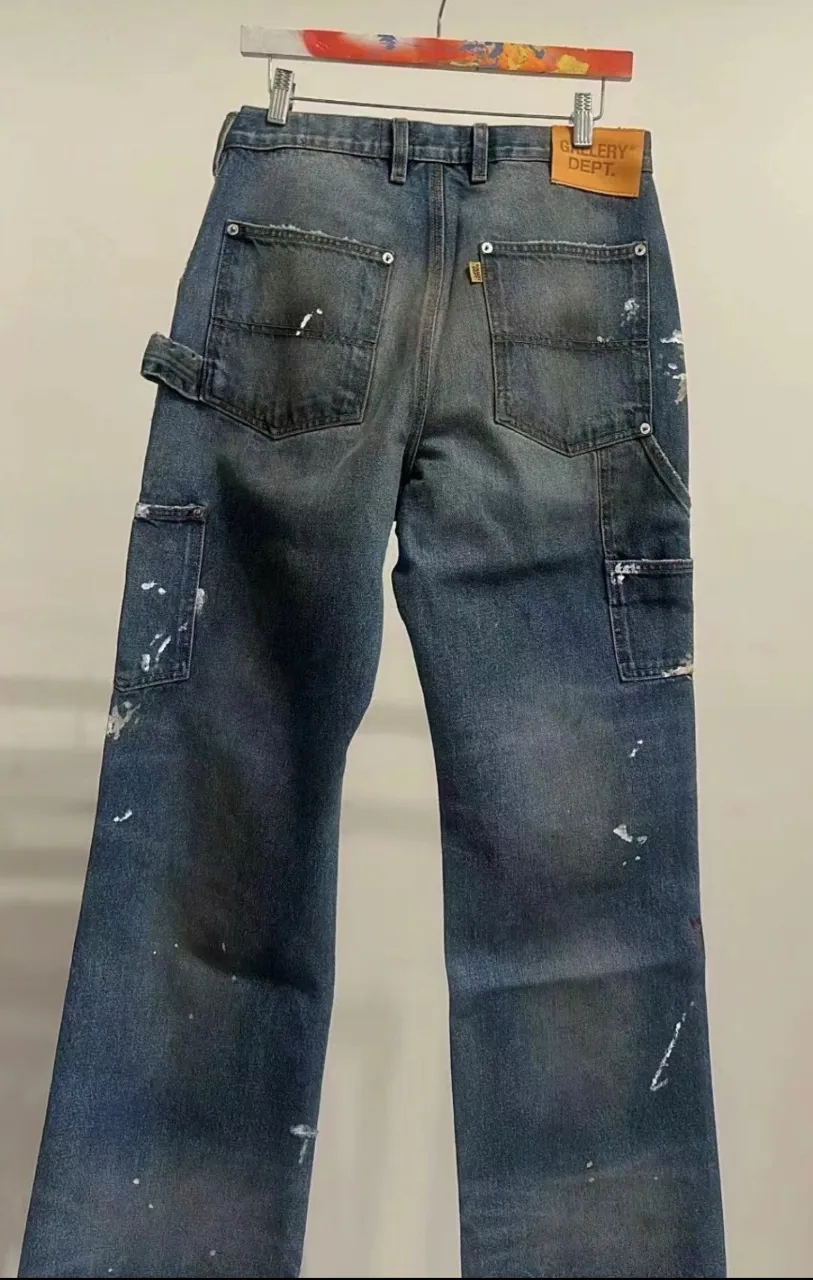 651#Gallery Dept New Retro Old Splashed Paint Holes Dirty Feng Shui Washed Mud Dyeing Logging Workwear Jeans American High Street Casual Workwear Trousers Washed Blue S～XL p290